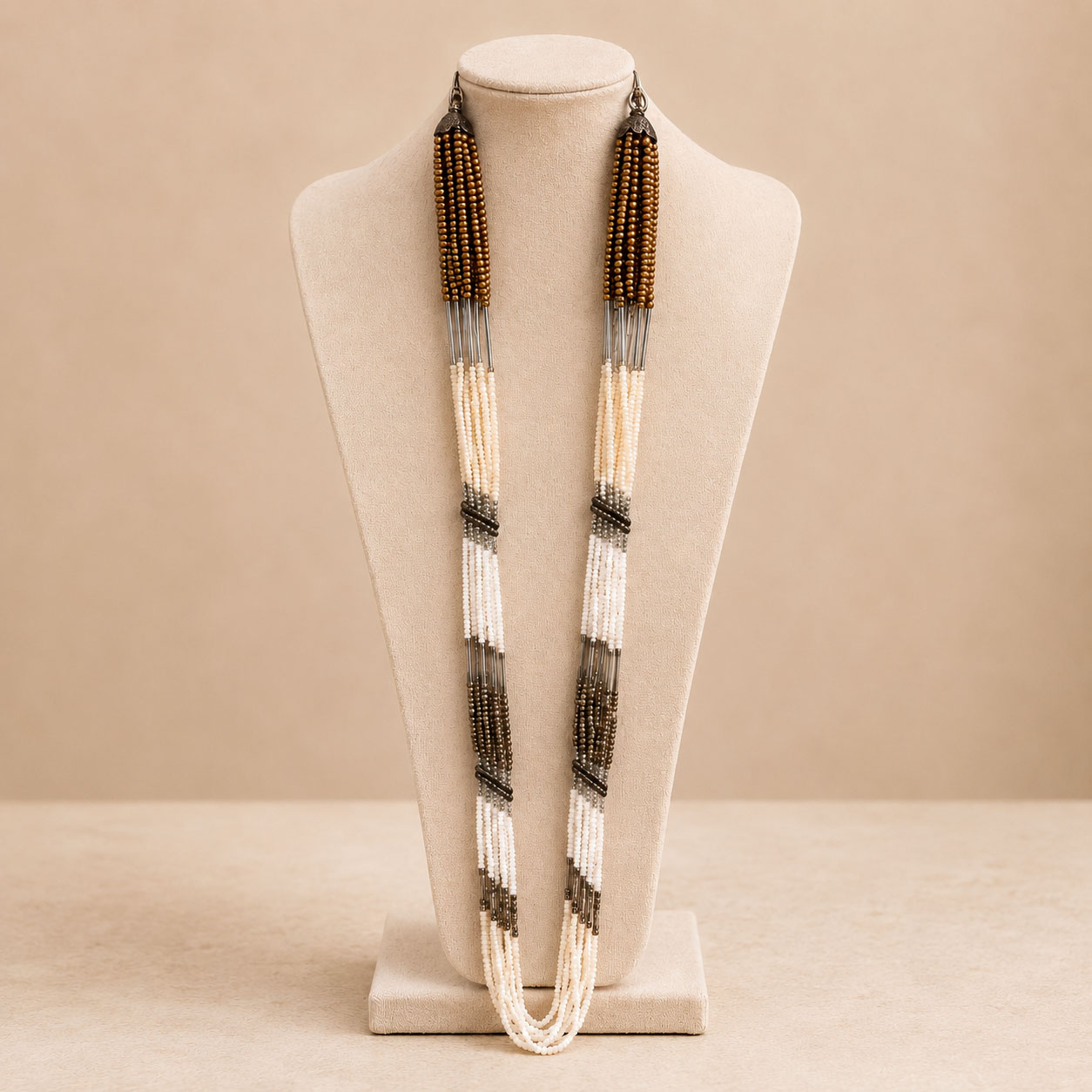 Handcrafted Ivory & Antique Gold Multi-Strand Beaded Necklace